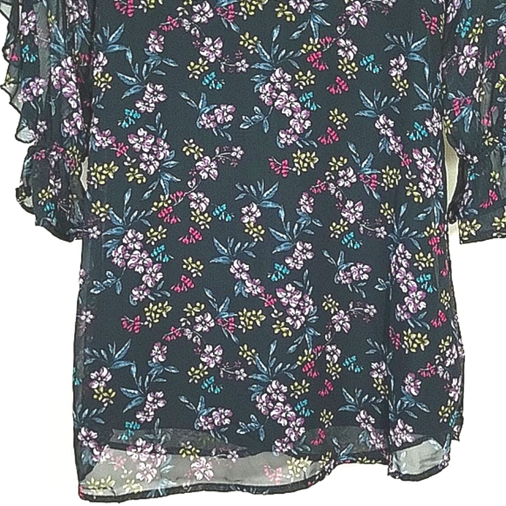 Dress 3/4 long sleeve ruffle lace floral print lined chiffon Whimsigoth Fairy - Picture 3 of 9